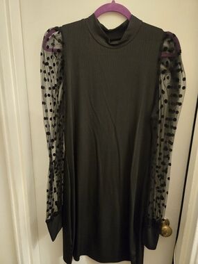 SHEIN Black Ribbed Shift Dress with Polka Dot Mesh Sleeves